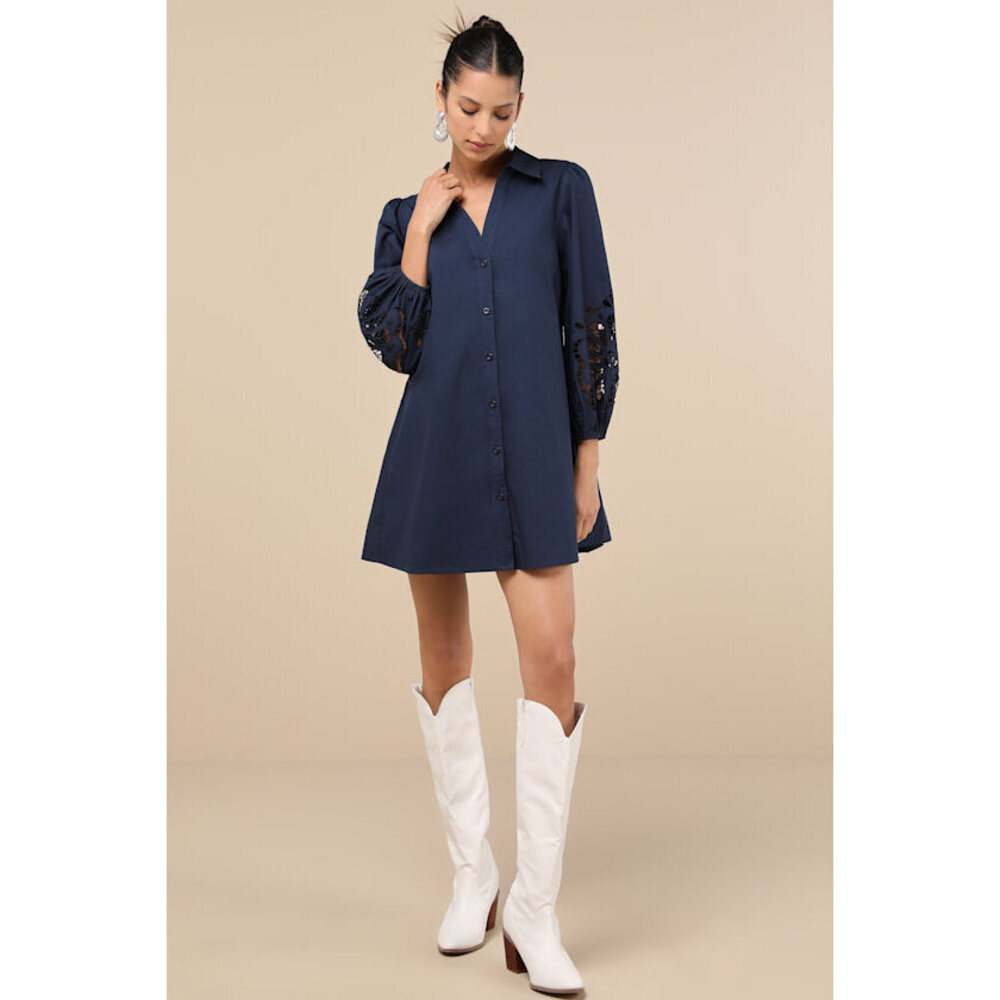Lulus Nelda Navy Blue Button-up Mini Shift Dress - Size L